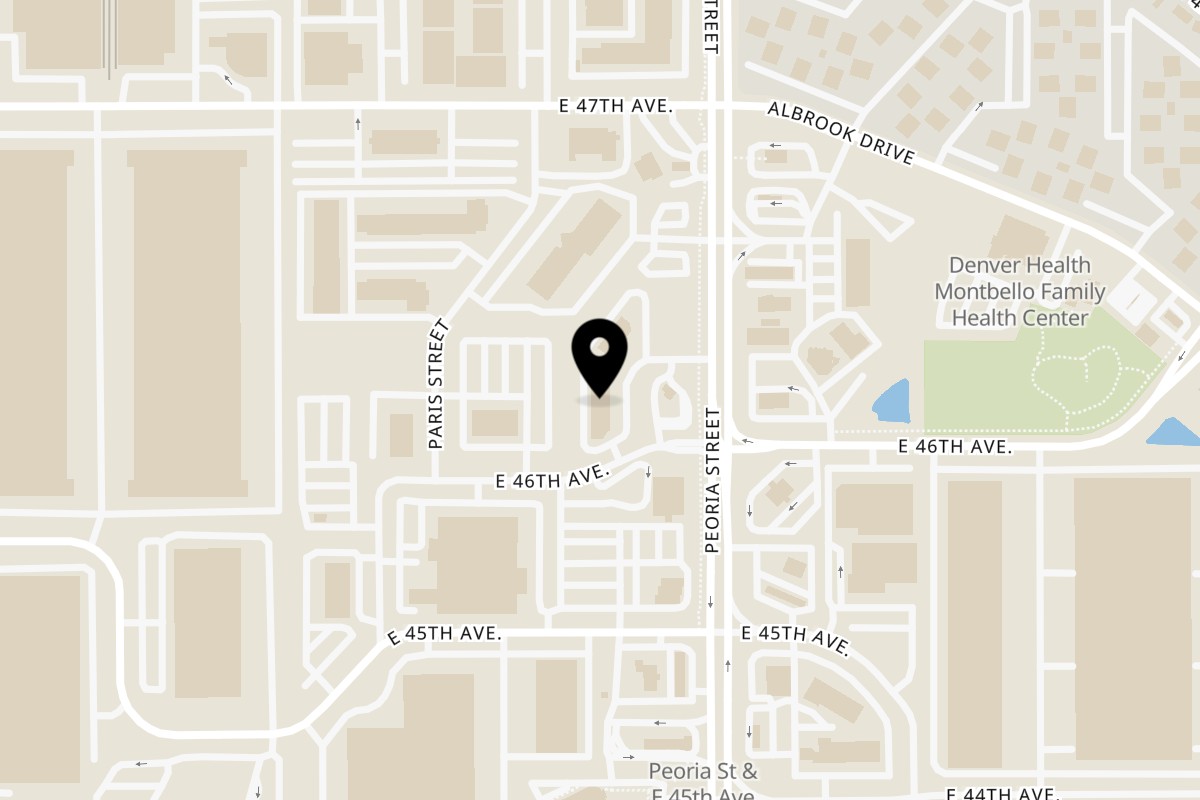 Map showing the location of Jamaican Jerk and BBQ Restaurant on 4611 Peoria Street in Denver